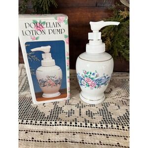 VTG 1989 Albert E Price Porcelain Lotion Pump Floral Rose Gold Trim Blue Bow NIB